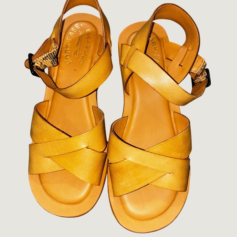 Kork-Ease Myrna 2.0 Platform Sandals Women 6 Yellow Leather Wedge Buckle Boho